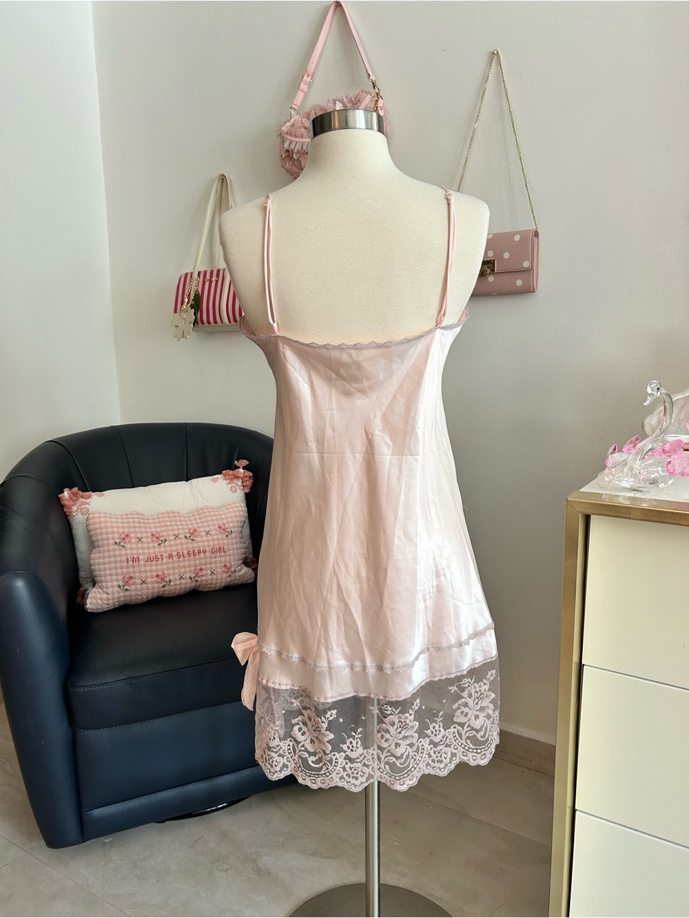 Vintage Bow Coquette Silky Lace-Trim Pink Slip Dress - Women's Intimates - Picture 5 of 8